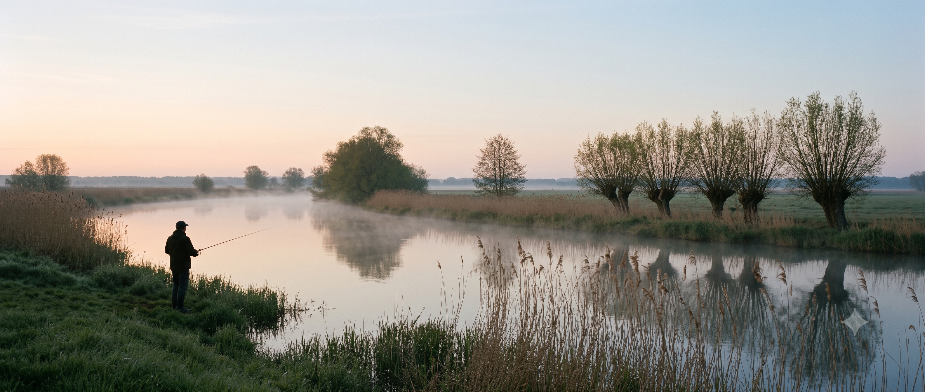 Angler an der Schwarzen Elster im Morgennebel, Landkreis Elbe-Elster