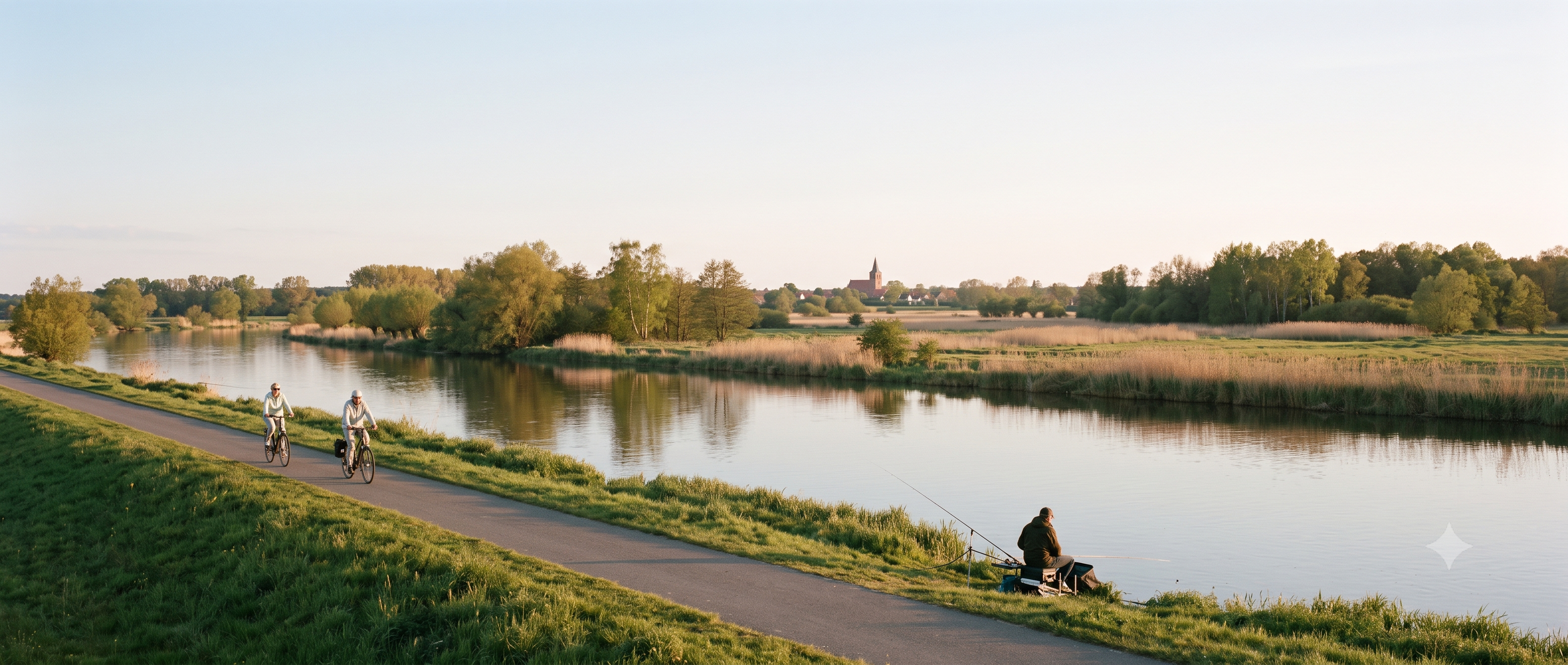 Elberadweg und Angler an der Elbe bei Mühlberg